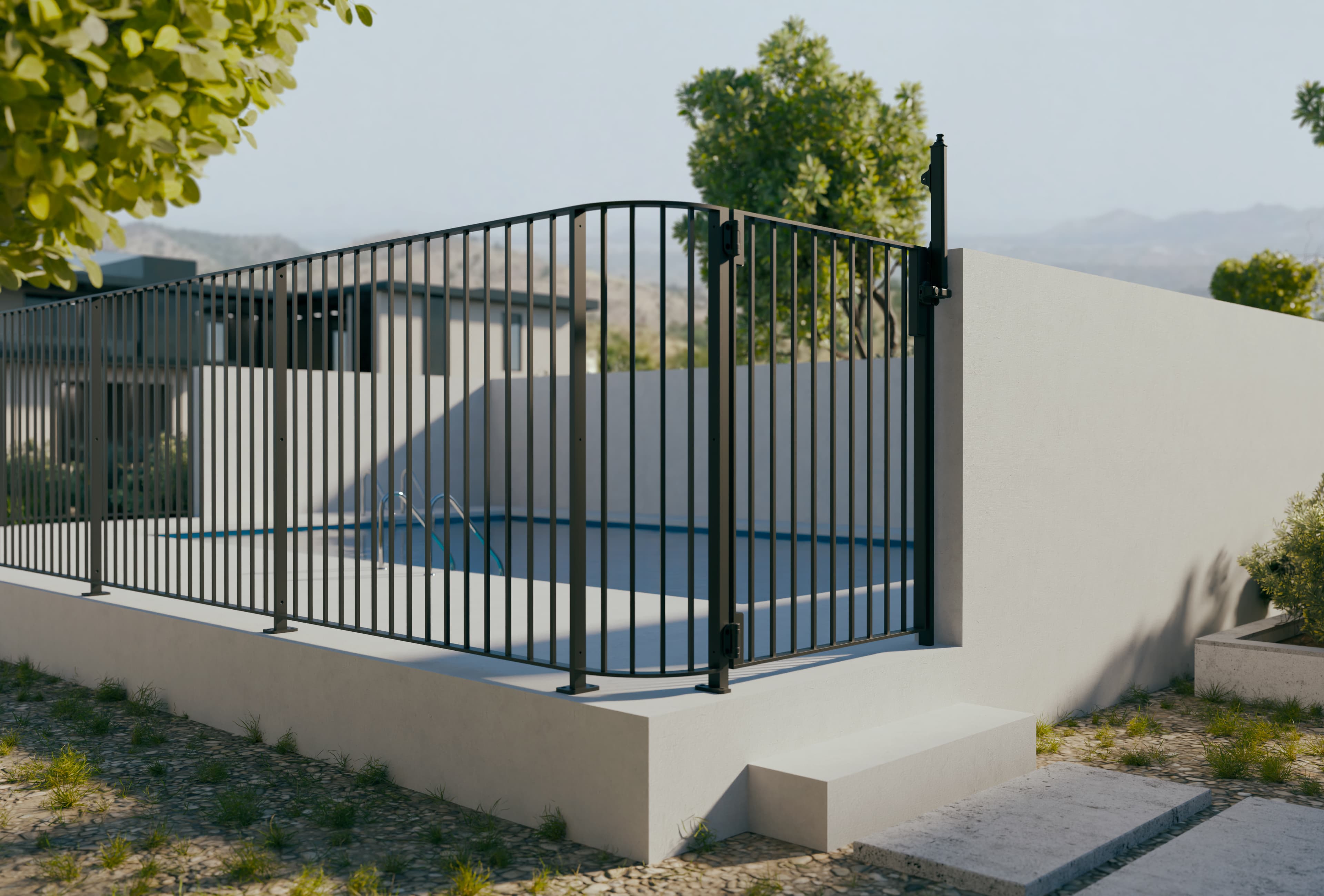 Black aluminium fencing and gate surrounding a modern pool