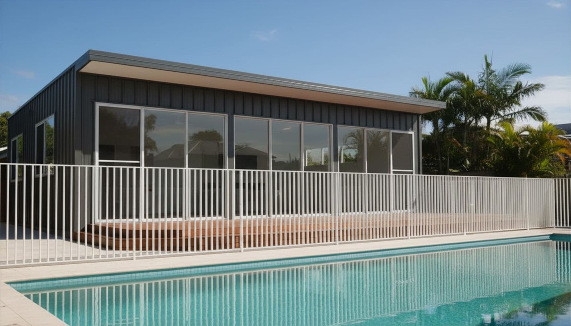 White Slimline fencing beside a residential pool